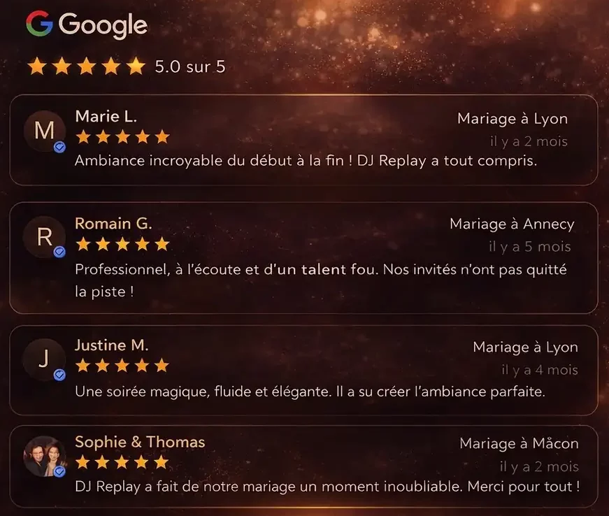 Avis DJ mariage Lyon DJ Replay 5 étoiles Google